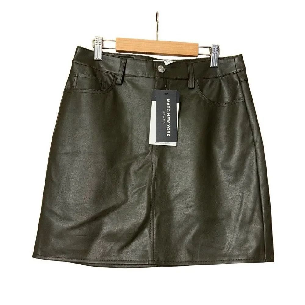 Marc New York High Rise Skirt Faux Leather 5 Pocket Dark Olive Green Sz 6 New